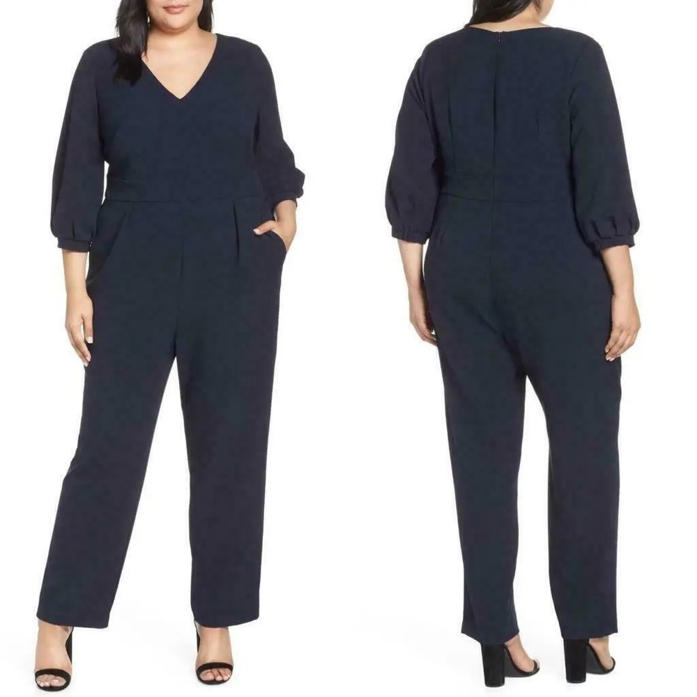 Eliza J Navy Bubble Sleeve Crepe Jumpsuit Plus Size 16W